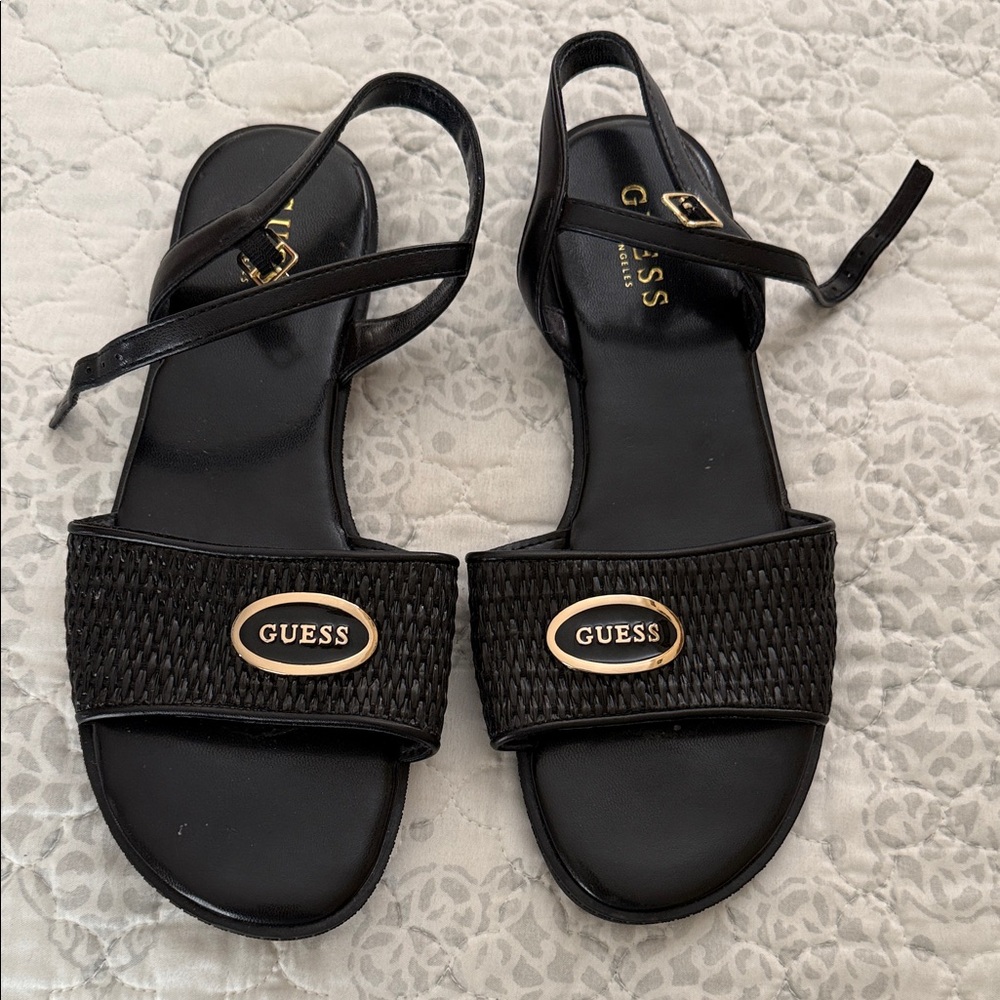 GUESS Black Woven Front Slingback Sandals with Gold Logo